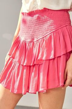 The Monaco Paradise Pink Ruffled Skirt is inspired by our favorite adorable romper! Woven paradise pink fabric, falls from a high smocked waist, into a flirty mini skirts silhouette (with shorts underneath) and ruffled tiers. This skirt/skort never disappoints, team it up with a cute crop top and sandals for a cute summer look! DETAILS & CARE Polyester/Rayon. Machine wash cold. Imported. Sp Characters, Pink Ruffle Skirt, Clothes To Draw, Ruffle Skort, Ruffle Skirts, Cute School Outfits, Preppy Skirt, Preppy Party, Ruffled Mini Skirt