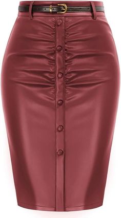 This Business Style Belted Button Down Pencil Skirt is a perfect fusion of classic elegance and contemporary style. The high quality craftsmanship includes multiple complementary features, such as the belted waist, button-up front, and slim-fit silhouette. Incorporate this stylish piece into any professional wardrobe for a timeless, chic look. 55% Polyester, 45% Polyurethane Imported Button closure Do Not Dry Clean Luxury imitated leather fabric, this PU Pencil Skirt is Comfy and moderately stre Skirts For Work, Pencil Skirt Work, Skirt With Belt, Professional Wardrobe, High Waisted Pencil Skirt, Business Style, Skirt For Women, Dress Gloves, Pencil Skirts