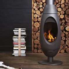 a wood burning stove in front of stacks of firewood on a wooden floor next to a stack of books