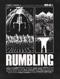 a poster with the words rumbling written in black and white, on a black background