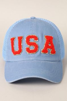 USA trucker hat 2 color options: blue or white Glitter letter chenille patches: USA Structured bill with relaxed fit Adjustable back strap with snap closure One size fits most Minion Superhero, Usa Cap, Chenille Patches, Summer Cap, Glitter Letters, Patch Design, Frames For Canvas Paintings, White Glitter, Carolina Blue