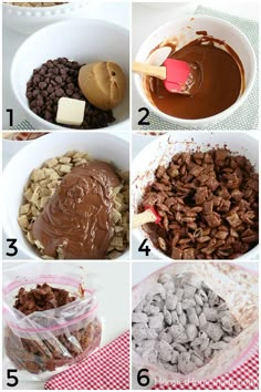 the steps to making chocolate peanut butter bars are shown in four different bowls, including one with