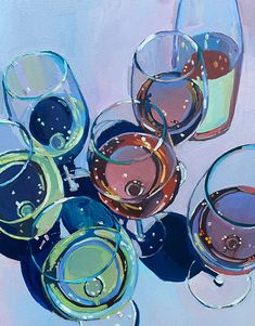 an oil painting of wine glasses on a table