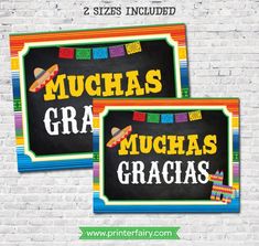 two chalkboard signs with the words, munchas gracias on them