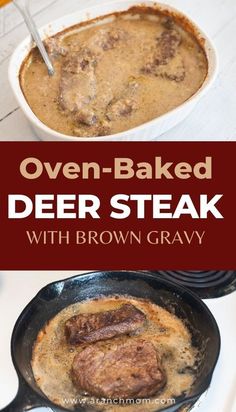 oven baked beef steak with brown gravy in a skillet