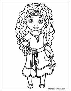 a girl with curly hair in a dress coloring page