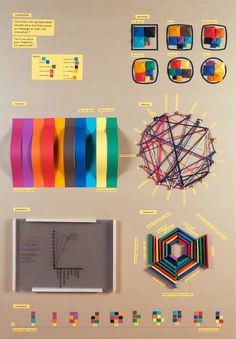 an assortment of different colored tapes and magnets on a white board with information about them