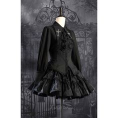 A gothic blouse that looks like an aristocratic lady from medieval Europe. Her collar has a cross sword embroidered on it, the back is laced, and the chest is decorated with a statement frill. She is a mysterious young lady with a gorgeous aura. 
 
 

 

 
 
 
 Size 
 
 XS size 
 
 Length: 63cm 
 Bust: 84cm 
 Waist: 72cm 
 Sleeve length: 62cm 
 
 S size 
 
 Length: 64cm 
 Bust: 88cm 
 Waist: 76cm 
 Sleeve length: 62cm 
 
 M size 
 
 Length: 65cm 
 Bust: 92cm 
 Waist: 80cm 
 Sleeve length: 62.5cm Gothic Long Sleeve Victorian Dress For Halloween, Black Long Sleeve Victorian-inspired Dress, Black Gothic Corset Dress For Larp, Black Long Sleeve Corset Dress For Costume, Gothic Victorian Long Sleeve Dress For Costume Party, Gothic Victorian Dress For Costume Party, Black Victorian Long Sleeve Dress For Cosplay, Black Long Sleeve Victorian Dress For Cosplay, Gothic Long Sleeve Corset Dress For Costume