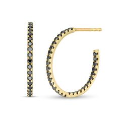 A classic design in fierce color, these diamond hoop earrings are sure to become a favorite go-to look. Crafted in warm 10K gold, each modest hoop glistens with alluring enhanced black diamonds along the outside front and inside back edge. Radiant with 1/2 ct. t.w. of diamonds and a brilliant buffed luster, these earrings secure comfortably with push/screw backs. Black Diamonds, Diamond Hoop Earrings, Black Stone, Diamond Stone, Earring Backs, Diamond Clarity, Stone Settings, 10k Gold, Designer Earrings