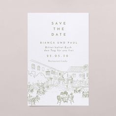 save the date card with an image of people sitting at tables