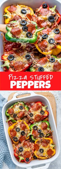 pizza stuffed peppers in a white casserole dish with olives and pepperoni