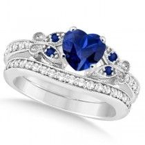 a blue sapphire and diamond ring set with matching wedding bands on white gold plated