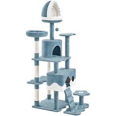 the cat tree is blue and white with several scratchings on it's sides