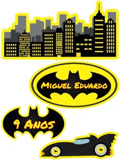 the batman car decals are shown in yellow and black, with city lights behind them