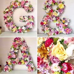 four pictures of flowers arranged in the shape of letters