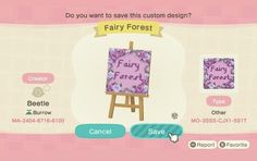 an animal crossing game screen with the words fairy forest on it's easel