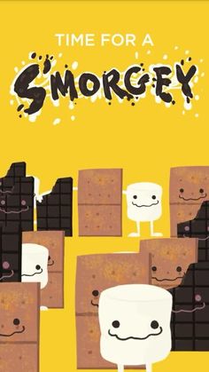 an advertisement for s'morey with cartoon characters in front of some brown and white boxes