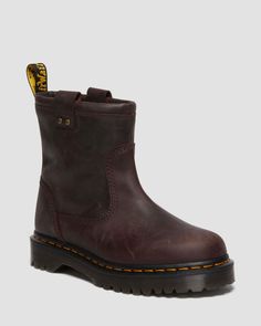 Anistone Lo Leather Biker Boots in Dark Brown | Dr. Martens Dr Flankin Boots, Chelsea Boots Heel, Leather Biker Boots, Patent Boots, Yellow Heels, Biker Boots, Boots For Sale, Platform Boots, Platform Shoes