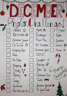 a christmas photo challenge is written on a white paper with candy canes and decorations