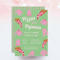 a green and pink baby shower card with pajamas on it's front, and the words pigs and pajama written in red