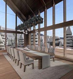 a large dining room with wooden floors and windows overlooking the mountains is shown in this artist's rendering