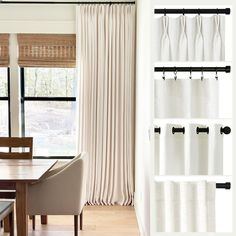 a dining room table and chairs in front of a window with curtains hanging on it