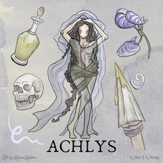 an artistic drawing of a woman surrounded by skulls and other items from the book achy's