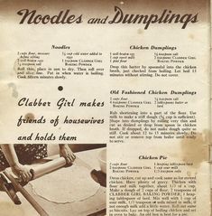 an old recipe for noodles and dumplings with instructions on how to make them in the kitchen