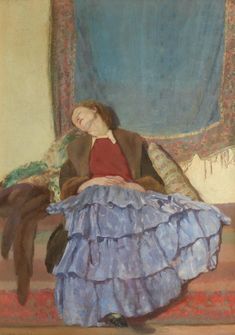 a painting of a woman sitting on a couch in front of a window with a blue curtain