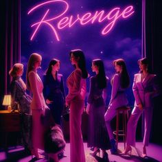 a group of women standing around each other in front of a neon sign that reads,'revegee '