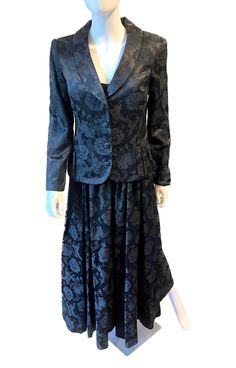 "This is a vintage 1980's black brocade spaghetti strap dress & matching blazer jacket. This dress is shown on a modern day size 8 mannequin but is more like a 7/8 today. The blazer matches but is a size 10 (items were sold separately as pieces). It is a cotton/acetate blend for the material. Dry Clean only. Condition notes: straps on dress have a little fray to material but not much. Also, may have slight fray to material on edges but overall this is a set in excellent shape. Dress Measurements Fitted Silk Skirt Suit For Evening, Elegant Silk Skirt Suit For Party, Black Brocade Dress For Formal Occasions, Elegant Black Skirt Suit For Evening, Vintage Black Skirt Suit For Formal Occasions, Preppy College Style, Black Brocade Dress, 1980s Clothes, Goblincore Dress