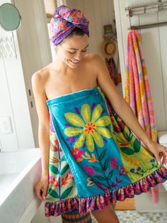 Shower Body Towel Wrap - Flowers-view 1 Wrap Flowers, Hair Towel Wrap, Bath Wrap, Boho Shower Curtain, Teal Flowers, Towel Wrap, Hair Towel, Giant Flowers, Come Undone