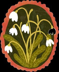 a painting of white flowers with green leaves on an orange doily around the edges