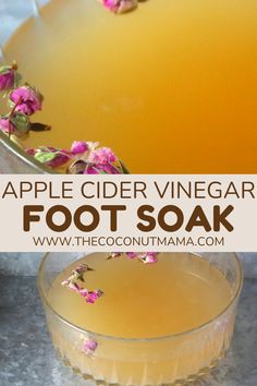 an apple cider vinegar foot soak in a glass bowl with flowers on top