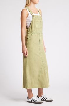 An overall-style maxi dress made from nonstretch denim adds an easy, casual-cool vibe, while glossy golden hardware elevates the look. Exclusive retailer Adjustable buckle straps; side button closures Square neck Chest patch pocket; front slant pockets 100% cotton Machine wash, line dry Imported Spring Casual Full-length Maxi Dress, Spring Casual Full Length Maxi Dress, Casual Full Length Maxi Dress For Spring, Fitted Casual Denim Maxi Dress, Casual Fitted Maxi Denim Dress, Casual Fitted Maxi Length Denim Dress, Spring Utility Dress For Workwear, Spring Utility Workwear Dress, Full Length Spring Dresses For Work