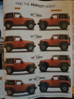 the jeep brochure is showing different types of tires and tires on each vehicle