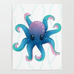 an octopus with blue and purple colors on it's face is standing in front of a white background