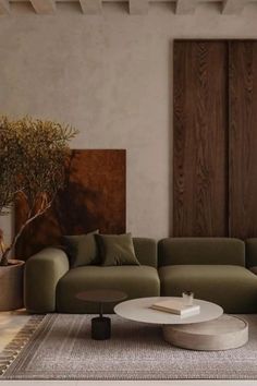 a living room filled with furniture next to a wall mounted planter and potted tree