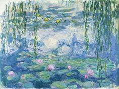 a painting of water lilies and lily pads in blue, green and pink colors