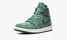 The Women’s Air Jordan 1 High Zoom CMFT "Emerald Green" leans on various shades of the vivid color, all of which lie within the green family.  The mostly monochromatic upper starts with a light green suede base that's combined with darker shades of green on the leather underlays, Wings logo, and Zoom Air tongue branding.  The “Zoom CMFT” edition of the Jordan 1 features modified Zoom Air cushioning for an even more comfortable ride than the standard Air Jordan 1. Emerald Green Shoes, Jordan 11 Women, Wmns Air Jordan 1, Vapour Max Nike, Nike Sacai, Low Air Jordan 1, Kawaii Shoes, Womens Air Jordans, Baskets Nike