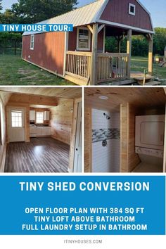 the tiny shed has been converted into a bathroom and laundry room with an open floor plan