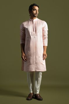 Buy Pink Kurta Linen Satin Embroidered Thread With Pant Pyjama For Men by Paarsh Online at Aza Fashions. Pajamas For Men, Pajama Style, Pajama Pattern, Thread Embroidery, Fashion App