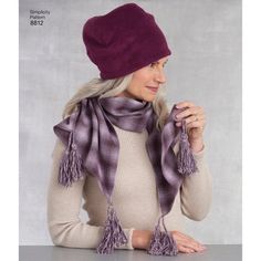 "Simplicity Sewing Pattern 8812 - Cold Weather Accessories... Hats In Three Sizes. Keep warm with these Misses' hats in sizes S (21\"), M (22\"), and L (23\"). Pattern includes 4 different hats, a scarf, and a cowl. Elaine Heigl Designs for Simplicity sewing patterns. SUGGESTED FABRICS: - A,B,C,D Hat and Hat Lining and E Scarf in Fleece, Minky Fleece, Novelty Knit. - D Brim Contrast in Broadcloth. - F in Wool Types - B Flap Contrast also in Sherpa. SIZES: All Sizes (A) Retail Price: $19.95 THIS Sewing Challenge, Plus Size Kimono, Fabric Sewing Patterns, Kwik Sew, Different Hats, Pattern Brands, Simplicity Sewing, Simplicity Sewing Patterns, Simplicity Patterns