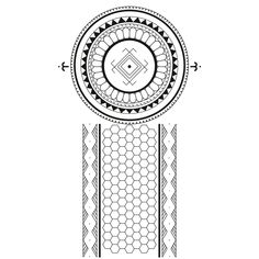 a drawing of a circular object with geometric designs on the top and bottom, in black and white