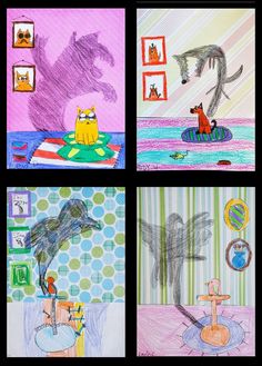 four different pictures with animals in them and one dog on a surfboard, the other drawing