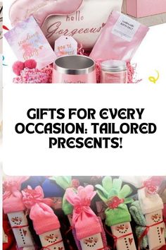 gifts for every occasion tailored presented in pink and white with the words, gifts for every occasion tailored presented in pink and white