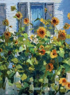 a painting of sunflowers in front of a window