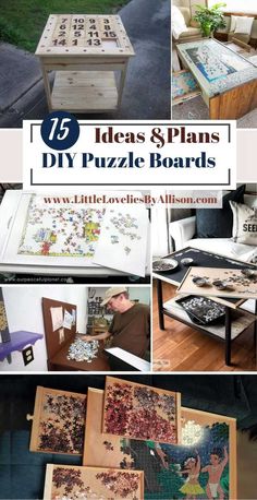 many different pieces of art on display with the words ideas and plans diy puzzle boards