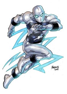 a drawing of a silver man with blue lightnings on his chest and arms outstretched