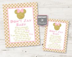 two pink and gold minnie mouse birthday cards with the words, please everyone to celebrate treats for